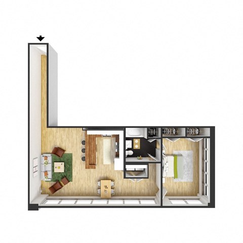 Floor plan for 1 bed, 1 bath, 940 sqft